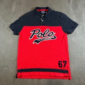 Polo Ralph Lauren Polo Shirt Mens Medium Red Navy Applique Spellout Logo